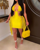 Criss Cross Neck Solid Color Women Sexy Hollow Out Tassel Mini Bodycon Dresses White Yellow Orange Blue S-2XL