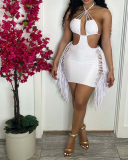 Criss Cross Neck Solid Color Women Sexy Hollow Out Tassel Mini Bodycon Dresses White Yellow Orange Blue S-2XL