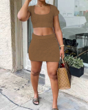 Sexy Lady Solid Color Short Sleeve Two Piece Set Black Orange Black Wine Red S-2XL 