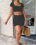 Sexy Lady Solid Color Short Sleeve Two Piece Set Black Orange Black Wine Red S-2XL 