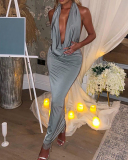 Lady Solid Color Backless V-Neck Halter One Piece Dress Red Gray S-L 