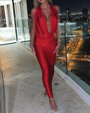 Lady Solid Color Backless V-Neck Halter One Piece Dress Red Gray S-L 