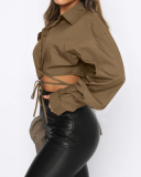 Women Solid Color Long Sleeve Turn-down Collar Crop Top Blouses White Khaki Green Rose Red Purple Pink Red S-2XL