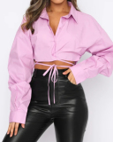 Women Solid Color Long Sleeve Turn-down Collar Crop Top Blouses White Khaki Green Rose Red Purple Pink Red S-2XL