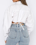 Women Solid Color Long Sleeve Turn-down Collar Crop Top Blouses White Khaki Green Rose Red Purple Pink Red S-2XL