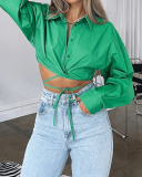 Women Solid Color Long Sleeve Turn-down Collar Crop Top Blouses White Khaki Green Rose Red Purple Pink Red S-2XL
