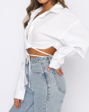 Women Solid Color Long Sleeve Turn-down Collar Crop Top Blouses White Khaki Green Rose Red Purple Pink Red S-2XL