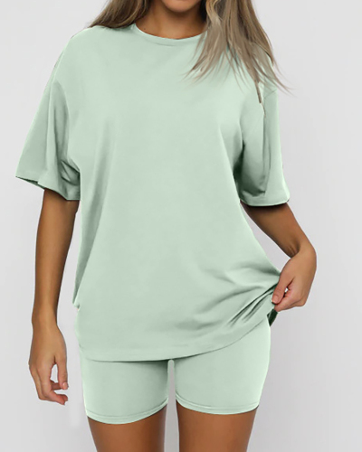 Women Short Sleeve O Neck Casual Basic Home Wear Short Sets Two Pieces Outfit Gray Black Green Apricot S-2XL