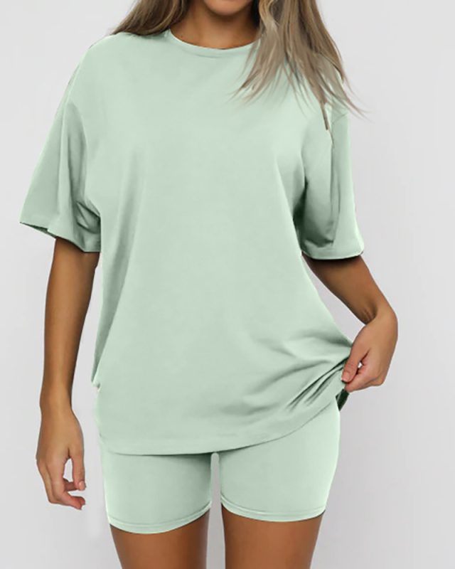 Women Short Sleeve O Neck Casual Basic Home Wear Short Sets Two Pieces Outfit Gray Black Green Apricot S-2XL