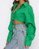 Women Solid Color Long Sleeve Turn-down Collar Crop Top Blouses White Khaki Green Rose Red Purple Pink Red S-2XL