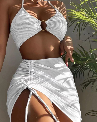 Lady Halter Solid Color Halter Three Piece Swimwear White Black Blue S-L 