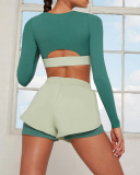 Ladies Fashion Long Sleeve Yoga Clothes Splicing Contrast Color Sports Suit Two Piece Set S-L