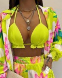 Women Tropical Print Long Sleeve Gradients Three Pieces Outfit White Yellow Red Black Green Blue S-XL