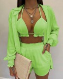 Women Tropical Print Long Sleeve Gradients Three Pieces Outfit White Yellow Red Black Green Blue S-XL