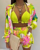 Women Tropical Print Long Sleeve Gradients Three Pieces Outfit White Yellow Red Black Green Blue S-XL