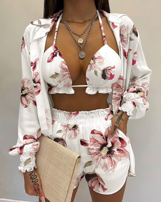 Women Tropical Print Long Sleeve Gradients Three Pieces Outfit White Yellow Red Black Green Blue S-XL