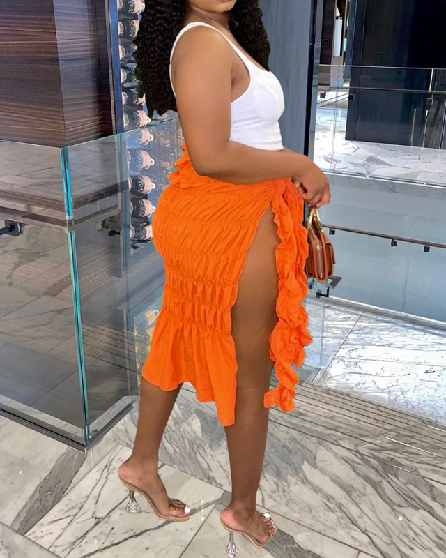 Women Fashion Slit Solid Color Skirts Black Orange Blue S-2XL