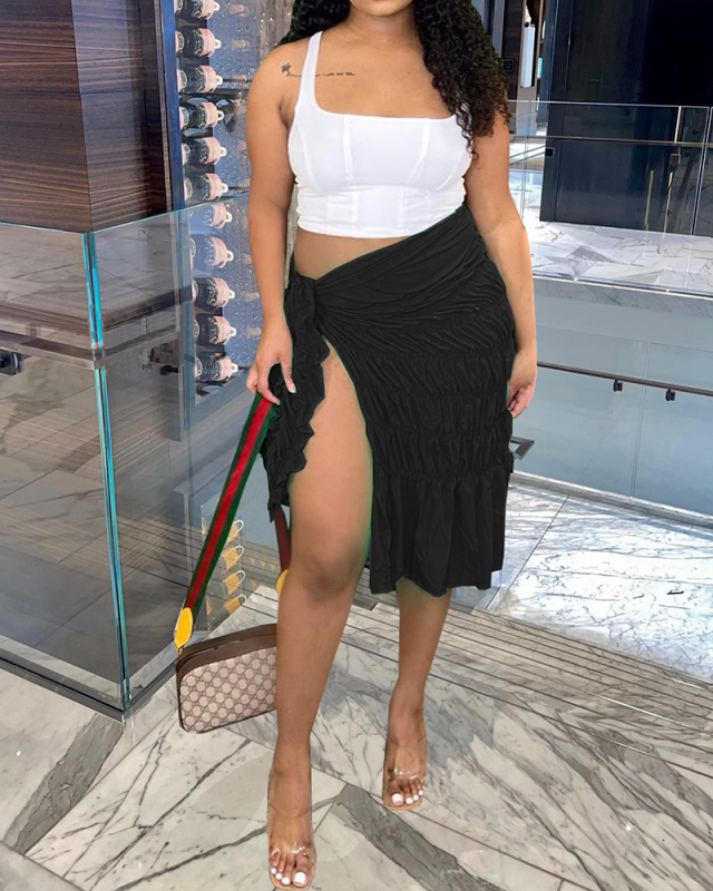 Women Fashion Slit Solid Color Skirts Black Orange Blue S-2XL