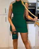 Women Solid Color Sexy Sleeveless Turtleneck Side Strappy Hollow Out Mini Casual Dresses White Green Black Blue S-2XL