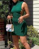 Women Solid Color Sexy Sleeveless Turtleneck Side Strappy Hollow Out Mini Casual Dresses White Green Black Blue S-2XL