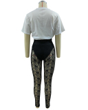 Women Short Sleeve Printed Fashion Lace See Through Pants Sets Two Pieces Outfit White S-2XL