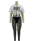 Women Short Sleeve Printed Fashion Lace See Through Pants Sets Two Pieces Outfit White S-2XL