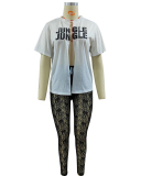 Women Short Sleeve Printed Fashion Lace See Through Pants Sets Two Pieces Outfit White S-2XL