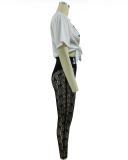 Women Short Sleeve Printed Fashion Lace See Through Pants Sets Two Pieces Outfit White S-2XL