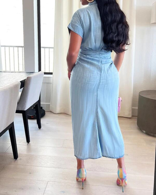 Women Solid Color Jean Lapel Midi Dresses Black Light Blue Deep Blue S-2XL