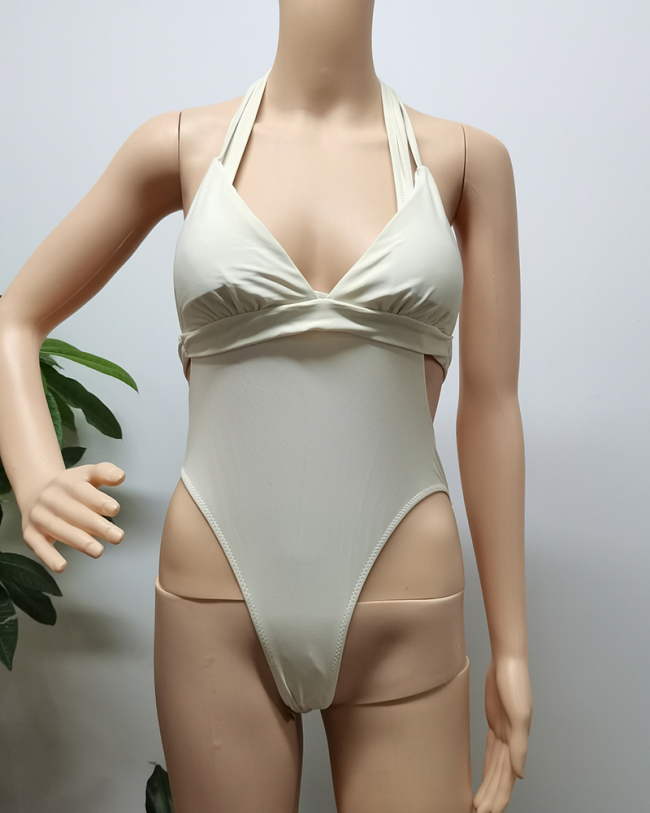 Women Halter Neck Backless One-piece Bikini Swimwear White