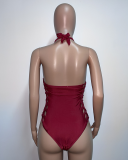 Womrn Red Solid Color One Piece Swimwear 