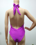 Women Purple Solid Color Backless One-piece Swimwear 