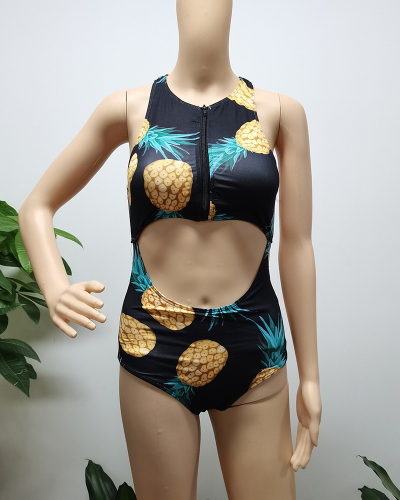 Women Zipper Hollow Out One-piece Swimwear
