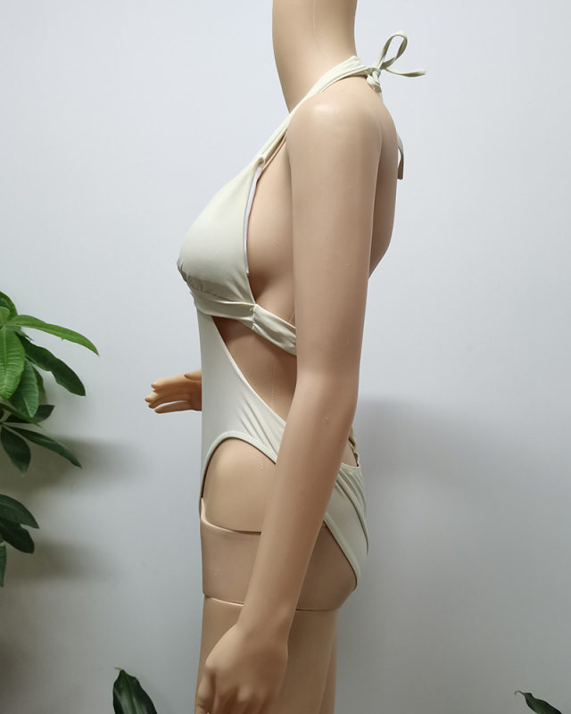 Women Halter Neck Backless One-piece Bikini Swimwear White