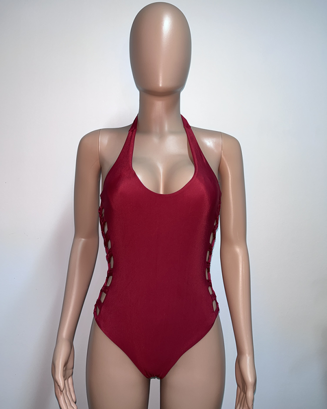 Womrn Red Solid Color One Piece Swimwear 