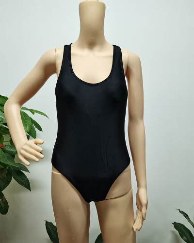 Women Black Solid Color Backless One-piece Swimwear 