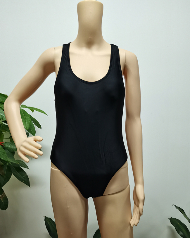 Women Black Solid Color Backless One-piece Swimwear 