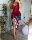 Women One Shoulder Sleeveless Printed High Slit Ruched Casual Midi Dresses Blue Red Brown Black S-2XL