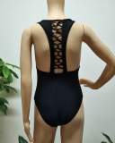 Women Black Solid Color Backless One-piece Swimwear 