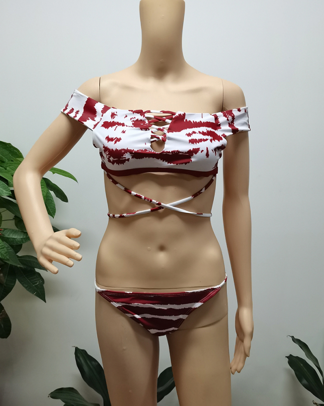 Women Striped Off Shoulder High Waist Bikini Sets