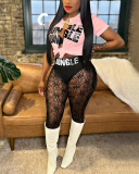 Women Short Sleeve Printed Fashion Lace See Through Pants Sets Two Pieces Outfit White S-2XL