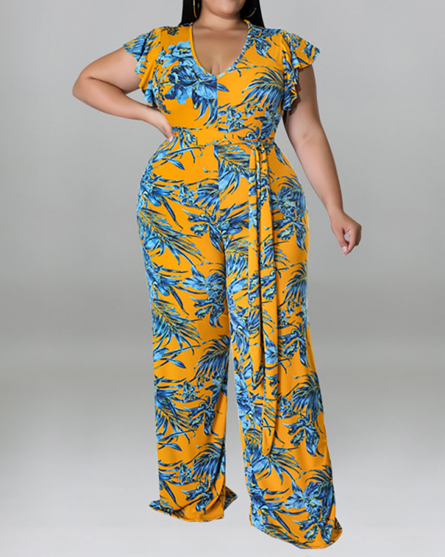 Florals Short Sleeve Women V-neck Plus Size Jumpsuit Red Green Purple Yellow Blue XL-5XL