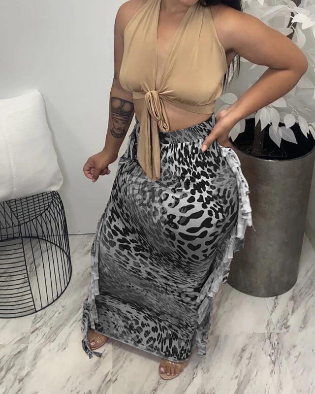 Women Hot High Waist Tassel Maxi Slim Leopard Skirts Black Orange Yellow S-2XL