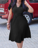Elegant Women Solid Colid V-neck Short Sleeve Casual Pleated Dresses Yellow Red Black Blue S-3XL
