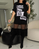 Women's Fashion T-Shirt Letter Mesh Tank Top Short  T-shirt Two Piece Suit S-XL