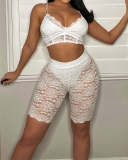 Women Lace Mesh Solid Color Short Sets Two Pieces Outfit White Black S-2XL