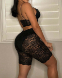 Women Lace Mesh Solid Color Short Sets Two Pieces Outfit White Black S-2XL