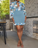 Fashion Florals Colorblock Women Long Sleeve Summer Bodycon Mini Dresses Khaki Red Light Blue S-2XL