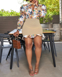 Fashion Florals Colorblock Women Long Sleeve Summer Bodycon Mini Dresses Khaki Red Light Blue S-2XL
