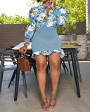 Fashion Florals Colorblock Women Long Sleeve Summer Bodycon Mini Dresses Khaki Red Light Blue S-2XL